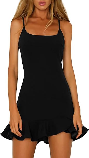 Photo 1 of Rooscier Women's Spaghetti Straps Sleeveless Ruffle Trim Sexy Bodycon Club Mini Dress