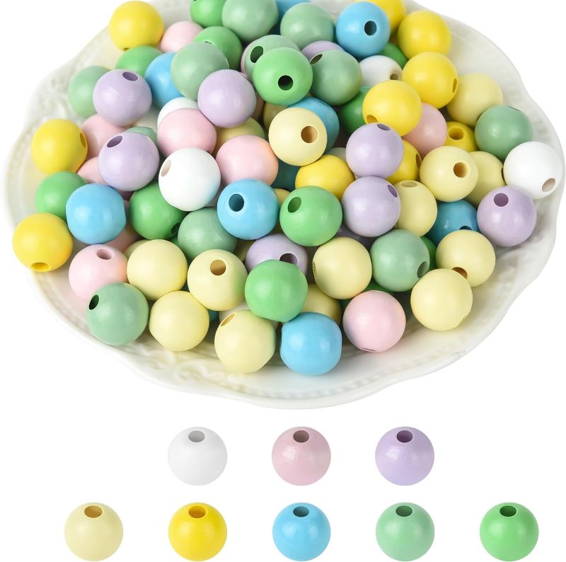 Photo 1 of 240 Pieces Easter Wood Beads Painted Spring Wooden Beads 16mm Yellow Green Pink Blue Colorful Boho Beads DIY Craft Bubblegum Beads Bulk for Garland Jewelry Making Spring Home Holiday Decor