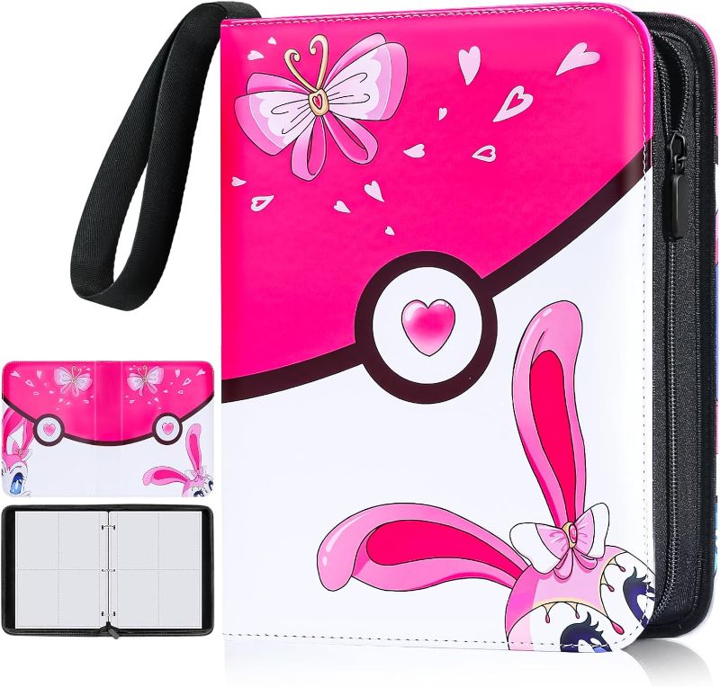 Photo 1 of Cards Binder for Collecting 504pcs Cards, 4 Pockets Trading Card Binder Holder with 63 Sleeves, Carrying Case Cards Packs Book Album for Kids Girls Gifts (Pink)