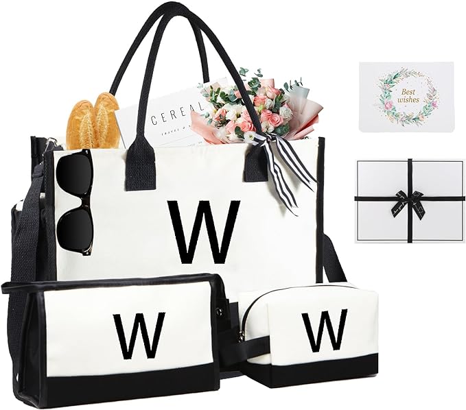 Photo 1 of Personalized Initial Canvas Beach Bag & Makeup Bag Set, Monogrammed Birthday Gift Tote for Women