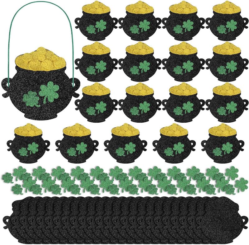 Photo 1 of 24 Set St Patrick's Day Pot of Gold Ornament Craft Kits St Patrick's Day Crafts for Toddlers Kids Felt Craft St Patricks Day Bucket Basket Adhesive Shamrock Ornaments Hanging Party Favor Decor