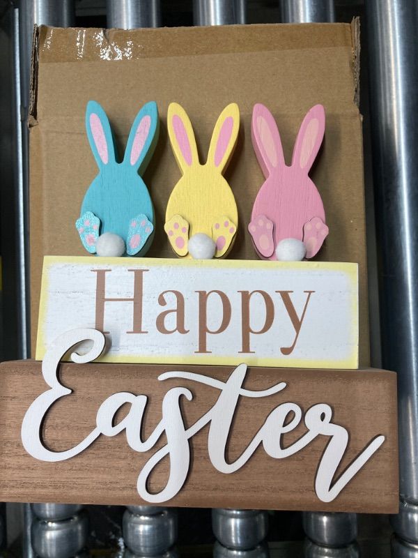 Photo 2 of 2 Pack Happy Easter Decorations Rabbit Truck Décor Spring Rustic Wooden Block Vintage Funny Bunny Home Décor Farmhouse Signs Gift for Garden Indoor Holiday