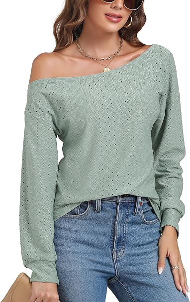 Photo 1 of LYANER Women's Eyelet Sexy Off Shoulder Long Sleeve Solid Top Shirt Blouse