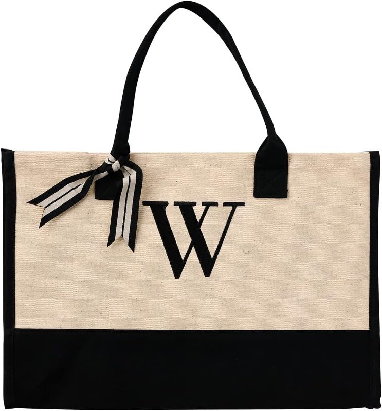 Photo 1 of Mud Pie Classic Black and White Initial Canvas Tote Bags (W), 100% Cotton, 17" x 19" x 2"