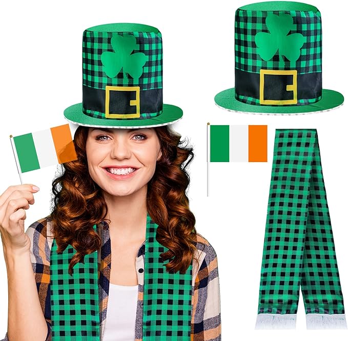 Photo 1 of 3Pcs St Patricks Day Hat Scarf and Flag Accessories Set - Party Costume Suit with Irish Green Hat and Shamrock Scarf