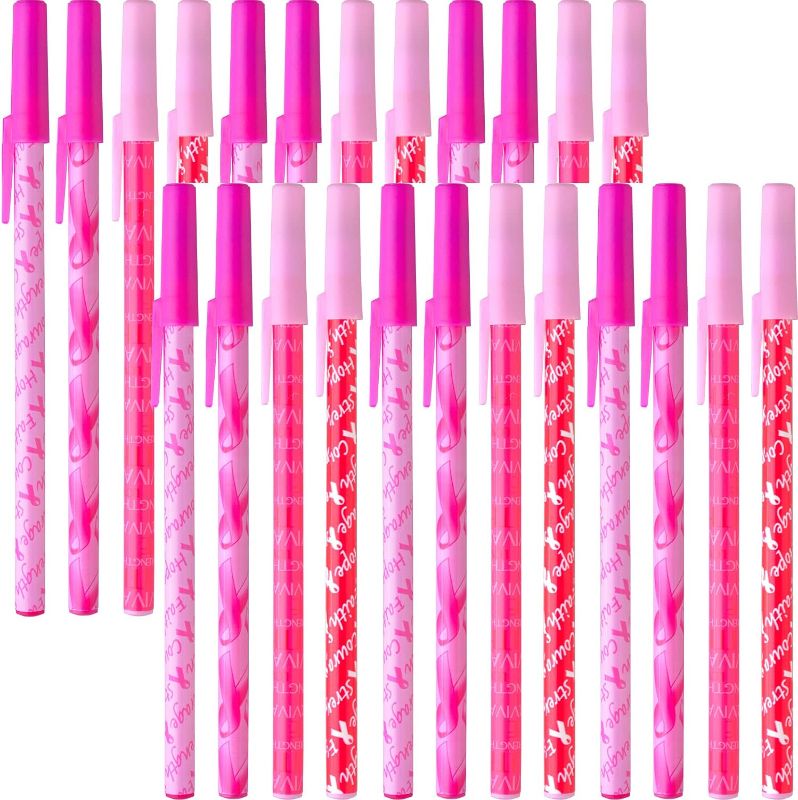 Photo 1 of 120 Pcs Breast Cancer Awareness Pens Bulk Pink Ribbon Ballpoint Pens Hope Faith Strength Courage Survival Pens for Women Gift Public Events Charity Supplies, Black and Red Ink