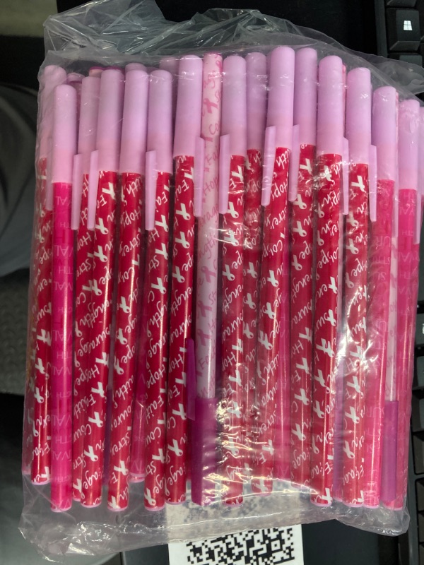 Photo 2 of 120 Pcs Breast Cancer Awareness Pens Bulk Pink Ribbon Ballpoint Pens Hope Faith Strength Courage Survival Pens for Women Gift Public Events Charity Supplies, Black and Red Ink