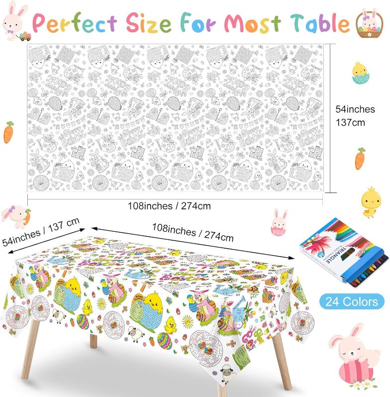 Photo 1 of Easter Coloring Tablecloth for Kids 108 x 54 Inch Easter Bunny Egg Coloring Poster with 24 Crayons Easter Giant Paper Table Cover for Easter Holiday Party Favors School Family Activities