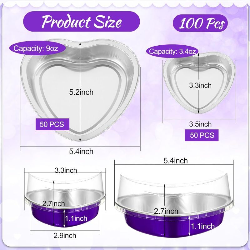 Photo 1 of 100 Pcs Valentine's Day Mini Heart Shaped Cake Pans 3.4 oz 9 oz Baking Cups Mini Cake Pans with Lids Mini Heart Cake Pan Mini Flan Molds for Baking for Wedding Birthday Party (Purple)