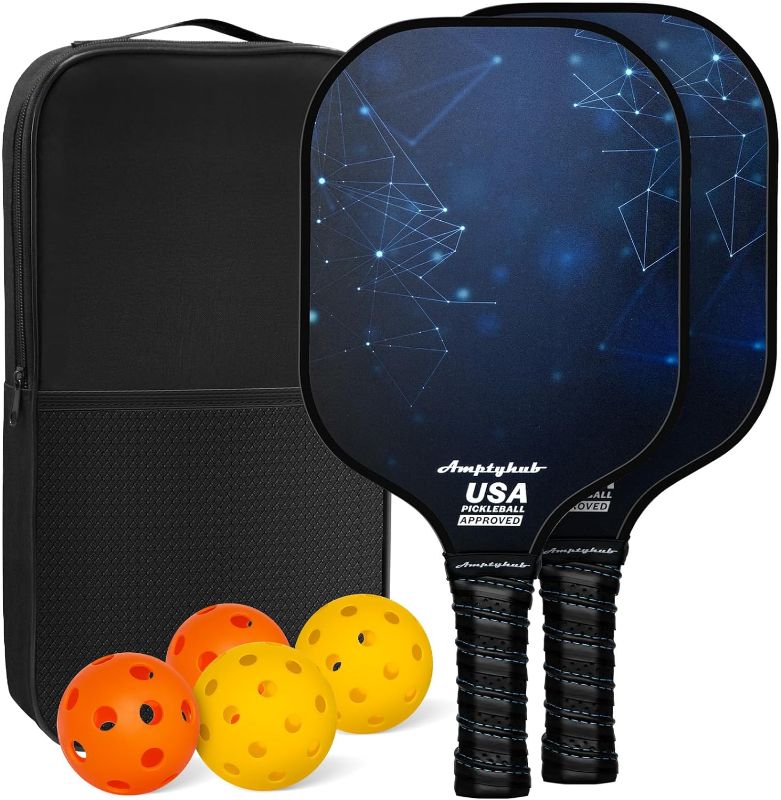 Photo 1 of Carbon Fiber Surface Pickleball Paddles Set of 2, 2023 USAPA Approved, Polypropylene Honeycomb Core, Anti-Slip Sweat-Absorbing Grip, 2 Paddles, 2 Indoor Pickleball & 2 Outdoor Pickleball, 1 Carry Bag