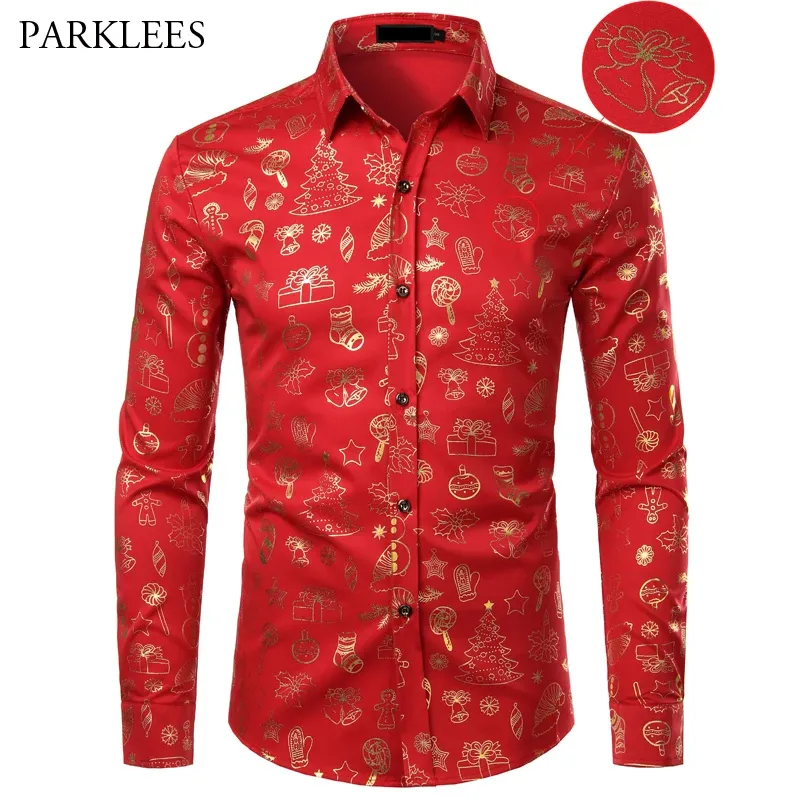 Photo 1 of Red Mens Christmas Shirt Casual Slim Fit Xmas Gift Print Mens Dress Shirts Long Sleeve Button Down Chemise Homme Top Blouses XL