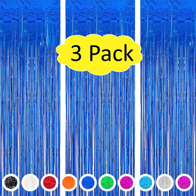 Photo 1 of 3 Pack Blue Tinsel Foil Fringe Backdrop Curtain 2024 Graduation Party Decoration, Door Fringe Backdrop for Birthday Father's Day Cinco De Mayo Ramadam Patriotic Hanukkah Party Decorations