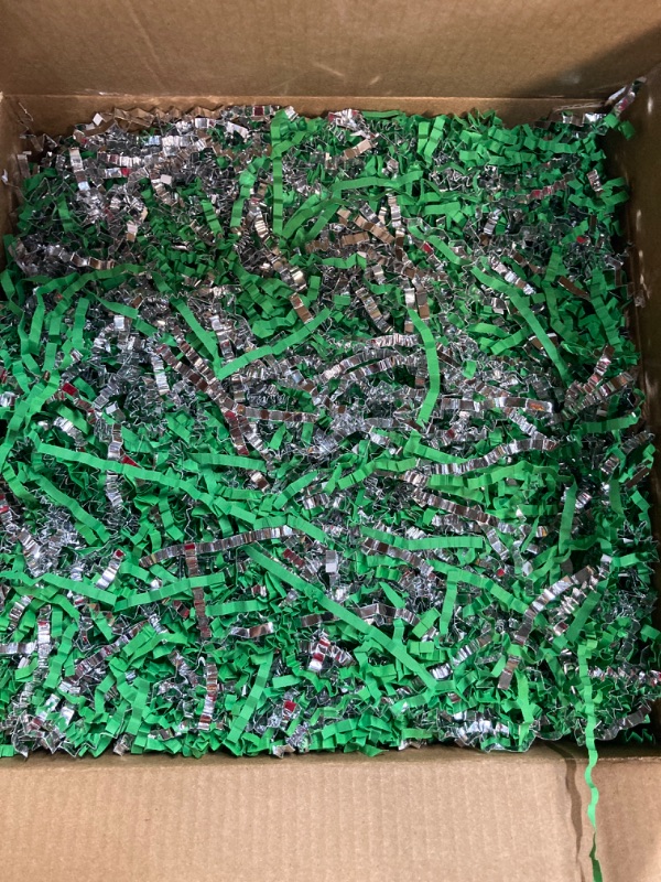 Photo 2 of Crinkle Cut Paper Shred Filler for Gift Box Baskets (1LB),Shredded Paper for Gift Wrapping Easter Basket Grass,Crinkle Paper for Packing Box Filling Color Mixing (Deep Green & Silver)