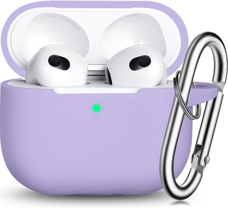 Photo 1 of R-fun AirPods 3 Case Cover, Silicone Protective Accessories Skin with Keychain Compatible with Apple AirPod 3rd Generation 2021 for Women Girl,Front LED Visible-Banana Violet