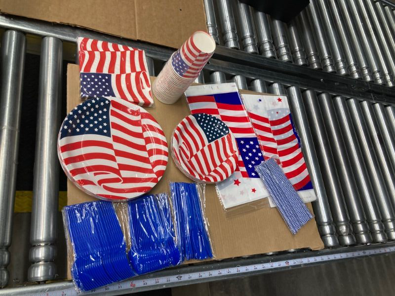 Photo 2 of Patriotic Decorations- Disposable American Flag Dinnerware Included Plates, Napkins, Tablecloths, Straws, Cups, Cutlery for Election Independence Day, 4th of July Party Supplies | Serves 24