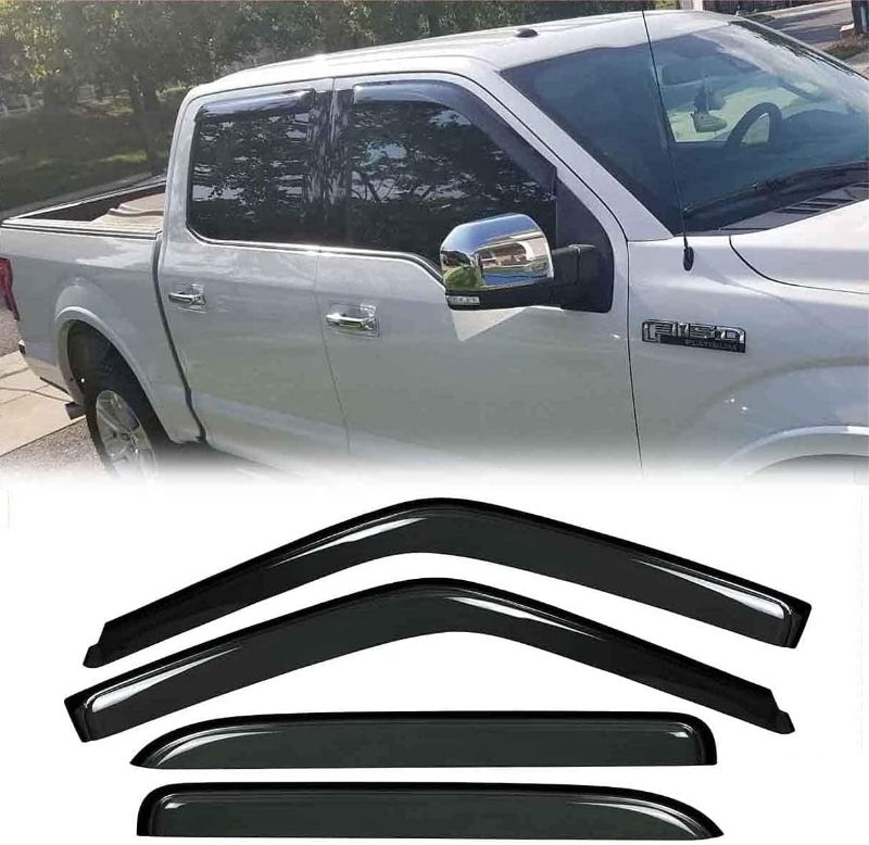 Photo 1 of Puermto 94975 Side Window Wind Deflector, 4pcs Out-Channel Tape-On Rain Guards Set,Window Visor fit for Ford F-150 2015-2022 Supercrew Cab (Crew Cab) F250-F550 2017-2022 Super Duty Supercrew Cab https://a.co/d/6wV03cH