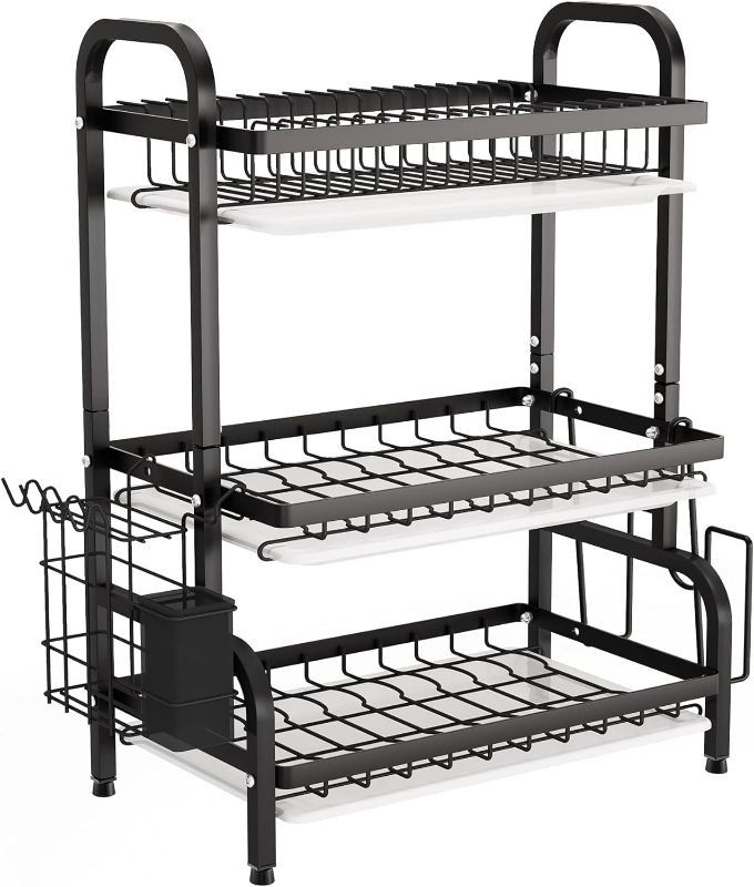 Photo 1 of 1Easylife Drying Rack, Metal 3-Tier Large Capacity Dish Rack with Utensil Holder, Cutting Board Holder, Drain Board Tray for Kitchen Counter Storage (Black) https://a.co/d/1Xi9Sqs