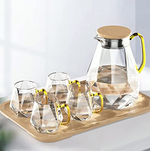 Photo 1 of Hsei 1.8 L/ 60 oz Glass Pitcher with Lid and Glass Cups Diamond Design Water Carafe with Handle High Durability Glass Jug Juice Container for Fridge Iced Tea Drink Hot/Cold Beverage (Amber)