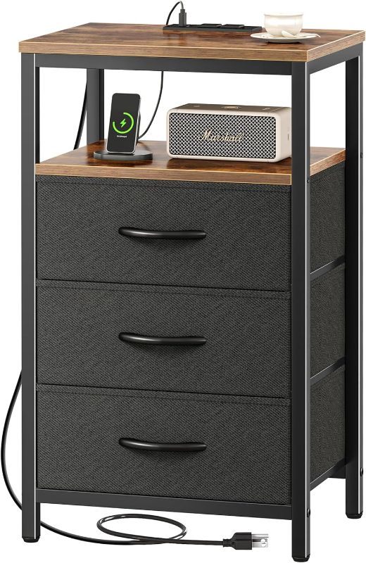 Photo 1 of Nightstand with Charging Station, 27.6 Inch Side Table with Fabric Drawers, End Table Bedside Table with USB Ports and Outlets, Night Stand for Bedroom, Rustic Brown and Black