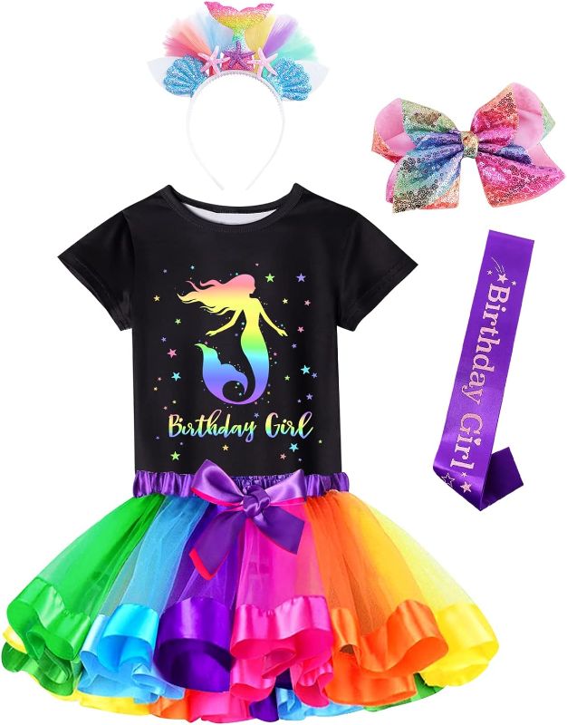 Photo 1 of Doctor Unicorn Birthday Girls Mermaid Outfit Set Costume Tutu Skirt Dress, Mermaid Birthday Shirt, Headband & Satin Sash 3-4T