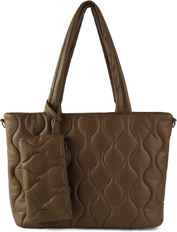 Photo 1 of OUYGZOU Puffer Tote Bag with zipper, Large Quilted Handbags and Purses, Shoulder Bag, Top Handle Satchel for Travel, Work - Coffee