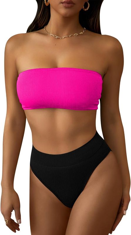 Photo 1 of Pink Queen Women's Ribbed High Waisted Bikini Set Removable Strap Bandeau Swimsuit | X-Large