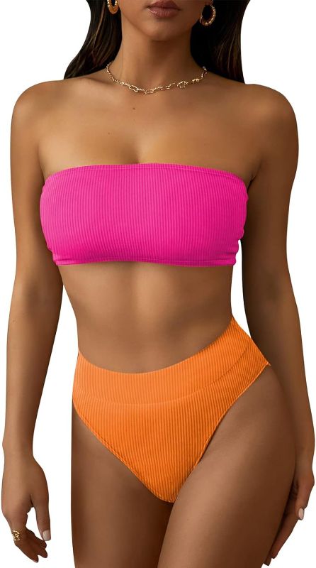 Photo 1 of Pink Queen Women's Ribbed High Waisted Bikini Set Removable Strap Bandeau Swimsuit - SMALL