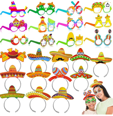 Photo 1 of 24 Pcs Mexican Fiesta Party Supplies, 12 Mexican Fiesta Cardboard Sombrero Headbands 12 Paper Eyeglasses Guitar Cactus Pinata Cinco De Mayo Theme Mexican Fiesta Party Costume Accessories Decorations
