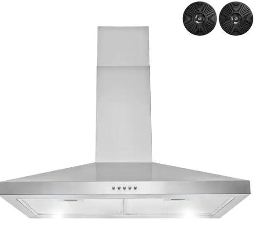 Photo 1 of 30 in. 217 CFM Convertible Kitchen Wall Mount Range Hood in Stainless Steel with Push Control, LEDs and Carbon Filters
566
