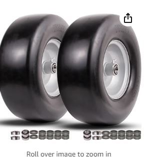 Photo 1 of 13x5.00-6 flat free tire and wheel,Front Zero-Turn Smooth Tire Assembly Replacement for Riding Lawn Mower Garden Tractor,with 3/4" &1/2" & 5/8" Precision bearings,3.25"- 5.9" Center Hub (2 Pack)