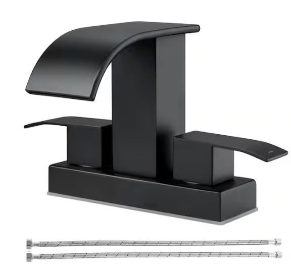 Photo 1 of 4 in. Centerset Double Handle Waterfall Spout Bathroom Vessel Sink Faucet with Supply Lines in Black
