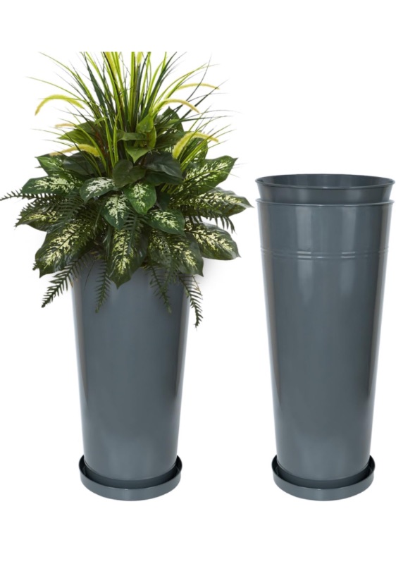 Photo 1 of 28 inch Metal Tall Planter Sets Tapered Elevate Pots Hand-finished Matte Black Patio deck Entryway includes Inner insert/Saucers/Drainage Holes