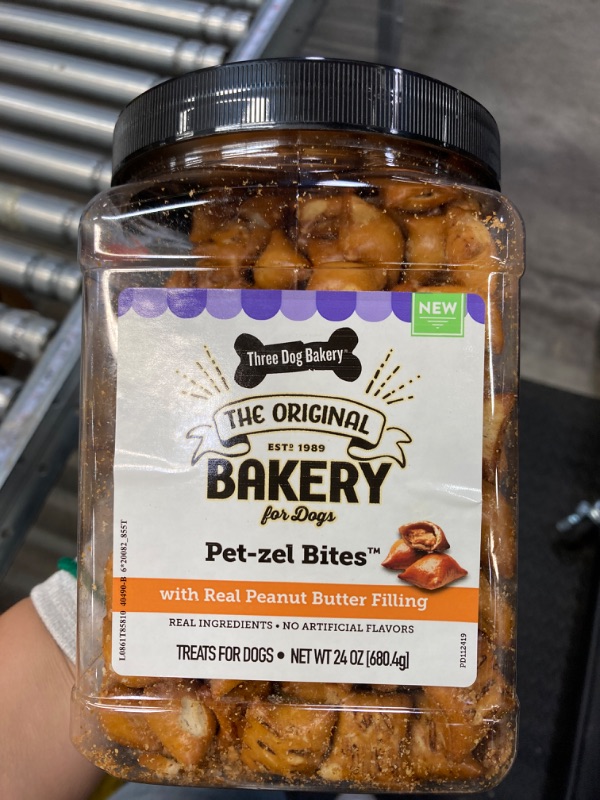 Photo 1 of (Expiration 9/04/2025) Three Dog Bakery Crunchy Pet-zel Bites with Peanut Butter Filling, Premium Treats for Dogs, 24 Ounce Resealable Container