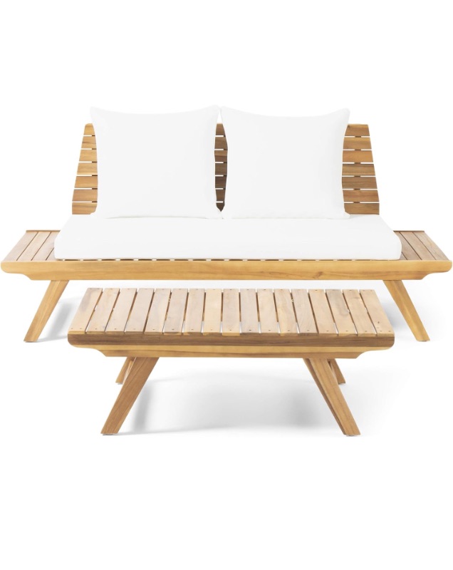 Photo 1 of GDFStudio Outdoor 2 Seater Acacia Wood Loveseat and Coffee Table Set, Teak and White