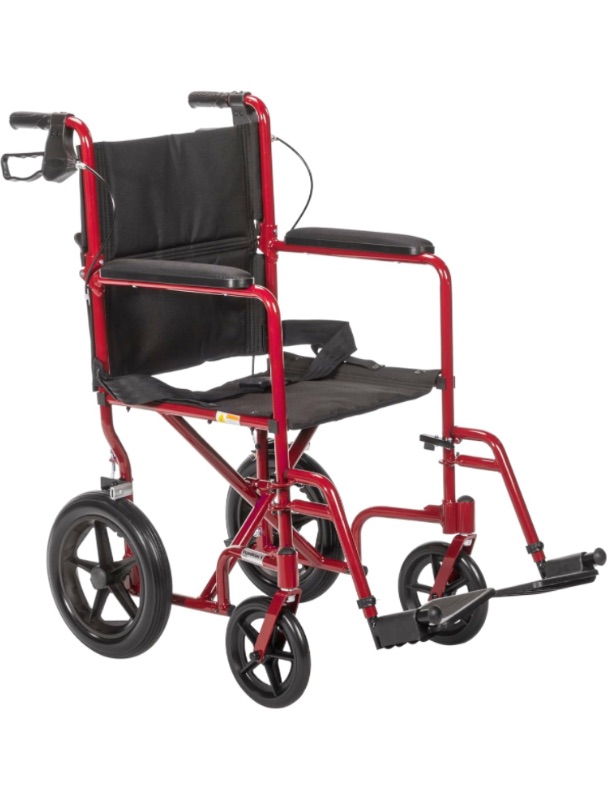 Photo 1 of Drive Medical EXP19LTRD Lightweight Expedition Folding Transport Wheelchair with Hand Brakes, Ultra Lightweight Transport Chair for Seniors and Adults, Red