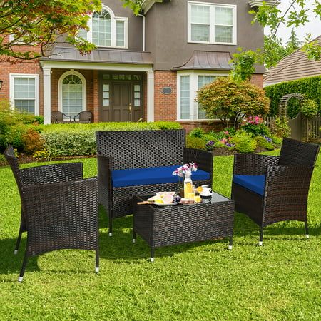 Photo 1 of Costway 4PCS Rattan Patio Furniture Set Cushioned Sofa Chair Coffee Table Navy