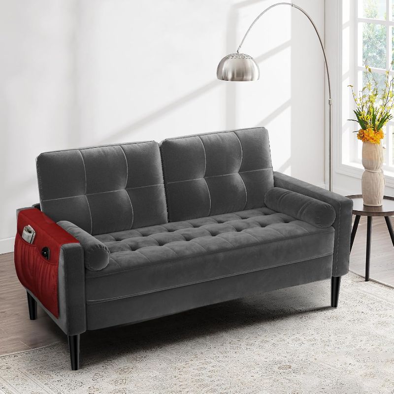 Photo 1 of 58 Inch Loveseat Sofa, 2 Seater Sofa for Small Space, Button Tufted Velvet Grey Couch with 2 Pillows, Mid Century Modern Couch, Small Couches for Living Room, Bedroom, Apartment