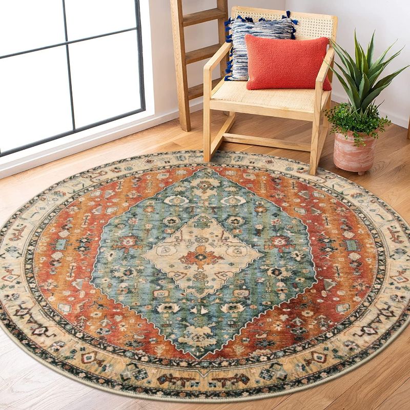 Photo 1 of Lahome Boho Tribal Round Rug 5ft - Soft Distressed Kitchen Round Area Rug, Washable Non Slip Non-Shedding Laundry Room Mat Low Pile Entry Floor Carpet for Closet Bedroom Bathroom Foyer Dining Table
