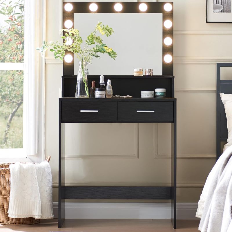 Photo 1 of  Vanity Desk with Mirror and Lights, Dressing Table with Large Drawer, 2 Level Storage Dresser & 3 Lighting Modes Adjustable Brightness, Suitable for Bedroom