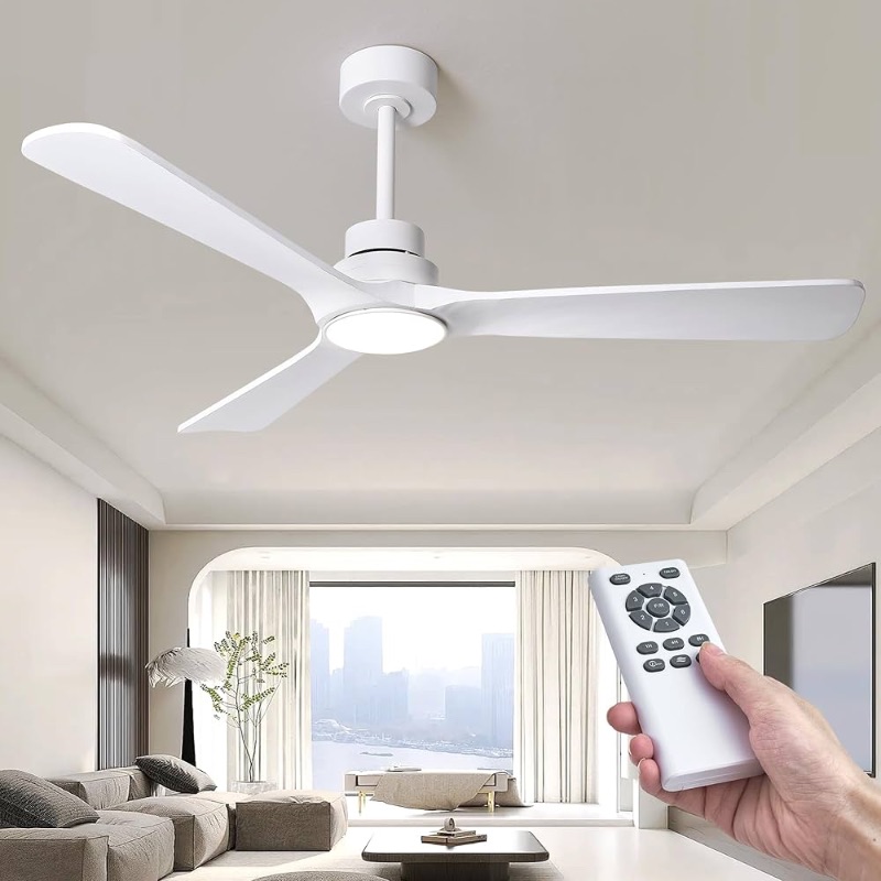 Photo 1 of 52" Wood Ceiling Fan with Lights and Remote, Reversible DC Motor 6-Speed Ceiling Fan, 3 Blades White Ceiling Fans for Bedroom/Living Room/Kitchen