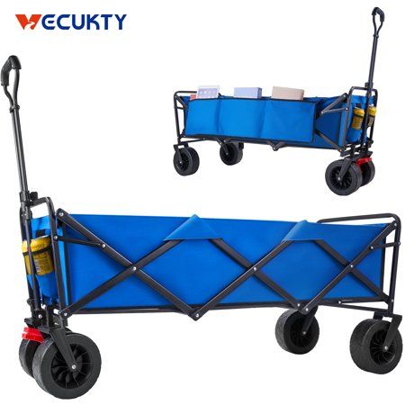 Photo 1 of Extra Large Collapsible Garden Cart Vecukty Folding Camp Wagon Utility Carts with Fat Wheels and Side Storage for Garden Camping Grocery Shopping
