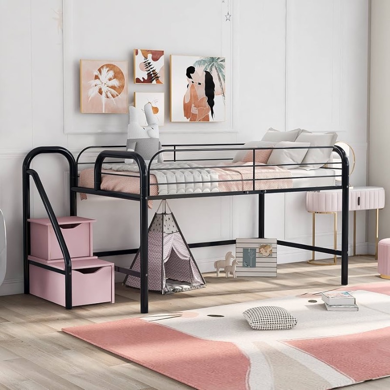 Photo 1 of LZ LEISURE ZONE Twin Loft Bed, Low Loft Twin Metal Bed with 2 Storage Steps, No Box Spring Needed (Black with Pink Steps, Twin Loft)