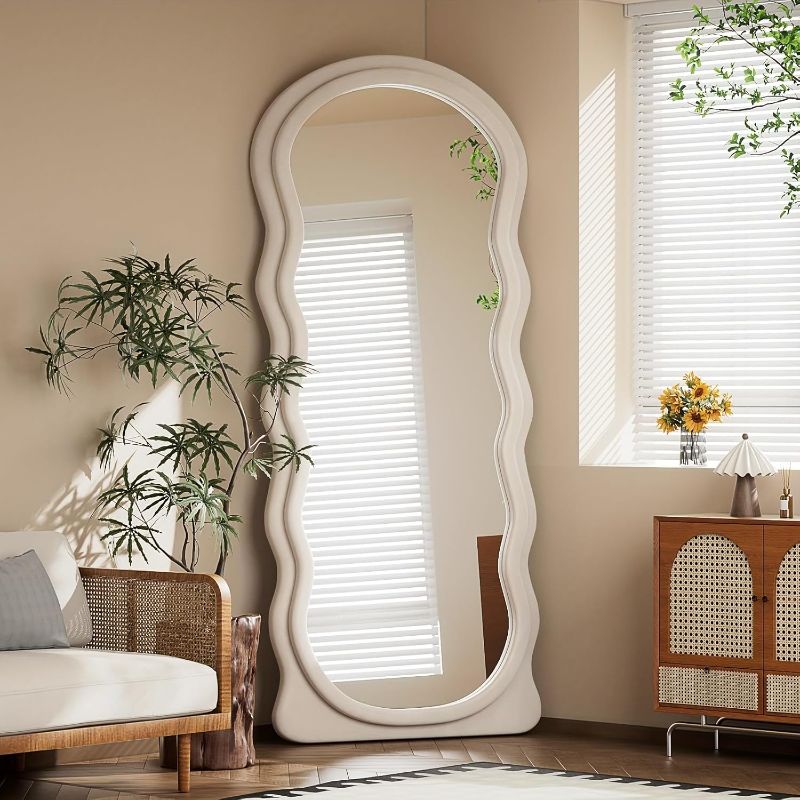 Photo 1 of 71"x30" Wavy Mirror Full Length, Oversized Flannel Irregular Floor Mirror with Stand, Arched Full Length Mirror, Hang or Lean Against The Wall, for Bedroom, Living Room (Brown)