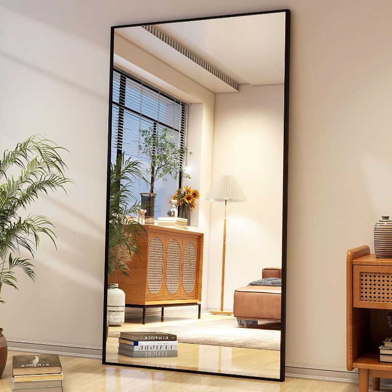 Photo 1 of Full Length Mirror with Stand 34"x76" Full Body Mirror Floor Mirror Standing Hanging or Leaning Wall, Wall Mirror with Stand Aluminum Alloy Frame for Living Room Bedroom Cloakroom,Black