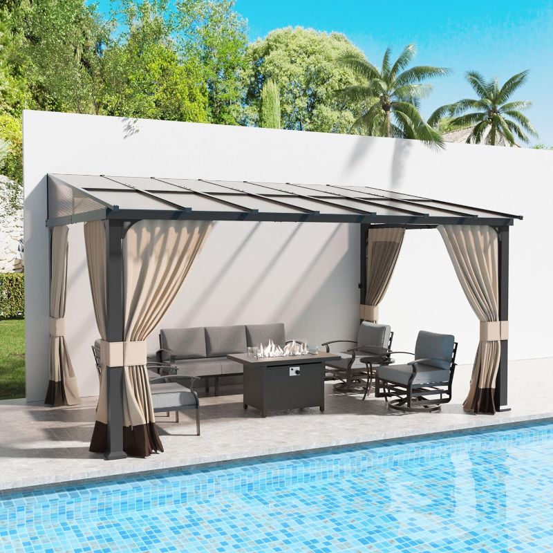 Photo 1 of 10' x 14' Hardtop Gazebo for Patio,Gazebo Pergola with Sloping Polycarbonate Pitched Roof,Durable Aluminum Frame & Netting Curtain,Large Wall-Mounted Heavy Duty Awnings for Patio,Decks,Backyard,Sand