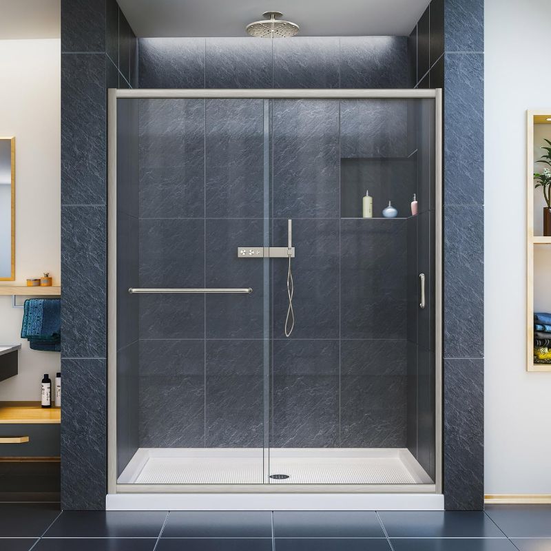 Photo 1 of ***see notes***DreamLine Infinity-Z 56-60 in. W x 72 in. H Semi-Frameless Sliding Shower Door, Clear Glass in Brushed Nickel, SHDR-0960720-04