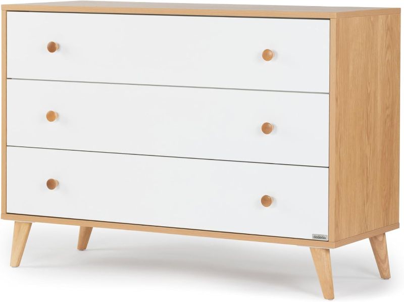 Photo 1 of dadada Austin 3-Drawer Dresser – Modern Dresser for Nursery, Bedroom – Kids Dresser White with Deep Storage Drawers, Anti-Tip Safety – Solid Wood Feet, Baby Safe Melamine Finish (White + Red Oak)
