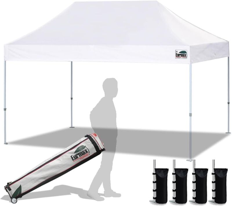 Photo 1 of Eurmax USA 10'x15' Pop Up Canopy Tent Commercial Instant Canopies with Heavy Duty Roller Bag,Bonus 4 Sand weights Bags (White)
