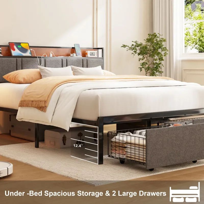 Photo 1 of NISIEN Full Size Bed Frame with 2 Storage Drawers, Metal Platform Bed Full with Upholstered Headboard and Charging Station, Gray