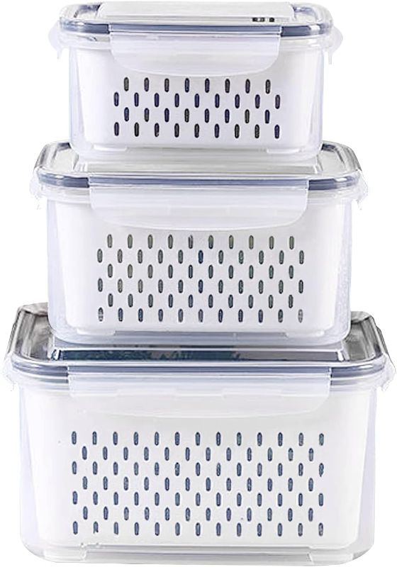 Photo 1 of 3Pack Fridge Food Storage Container Set with Lids with Strainer,Plastic Fresh Produce Saver Vegetable Fruit Meat Storage Organization, BPA-Free Plastic Produce Keepers(3.15L+1.7L+0.8L)